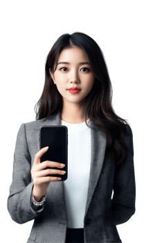 Charming woman holding smartphone, portraying executive presence and technological engagement png