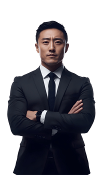 Confident Asian Businessman in a Stylish Suit Posing with Crossed Arms and Watch Accessory png