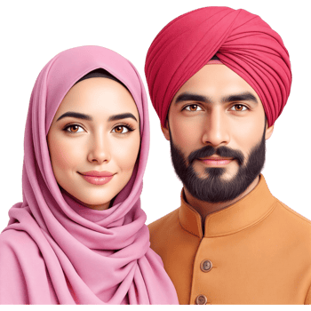 Couple Woman in Rose Pink Hijab Man in Crimson Turban png