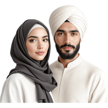 Stylish Couple Dark Gray Hijab and Off White Turban png