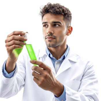 A man in a lab coat holding a green liquid png