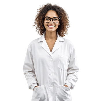 A woman in a lab coat and glasses png