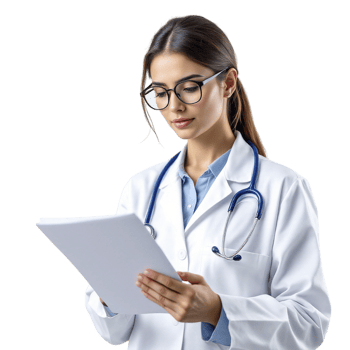 A female doctor in a white coat and glasses is reading a document png