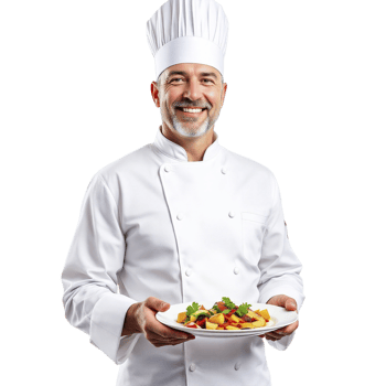 A man in a chef's uniform holding a plate of food png