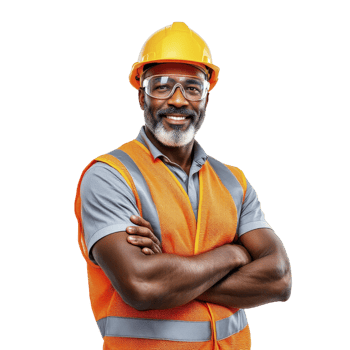An african american man in an orange vest and safety glasses png