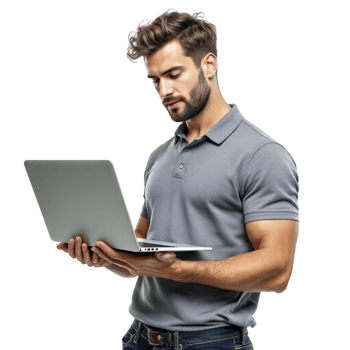 A man in a polo shirt holding a laptop png