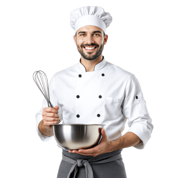 A male chef holding a bowl and whisk png