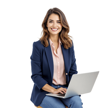 A woman in a business suit sitting on a stool with a laptop png