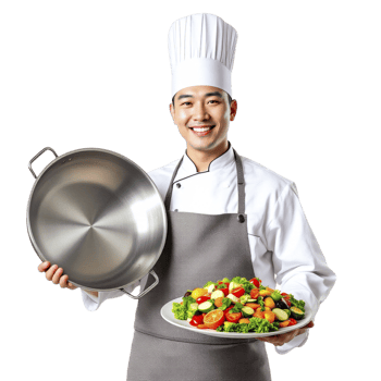 Asian male chef holding a pan with vegetables and salad png