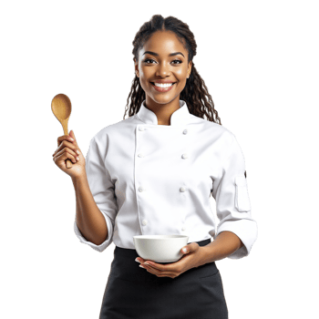 A woman in a chef's uniform holding a bowl and spoon png