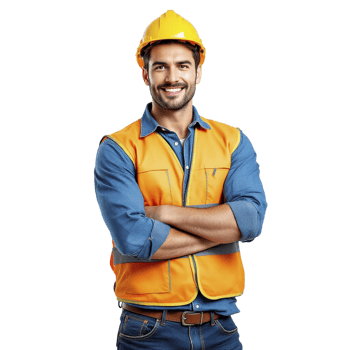 A smiling man in an orange vest and hard hat png