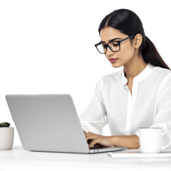 A woman in glasses is working on a laptop png