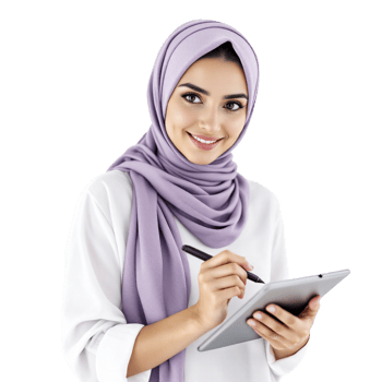 A woman in a hijab is holding a tablet png