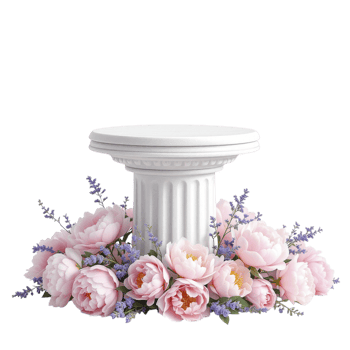 A white pedestal with pink flowers and lavender png