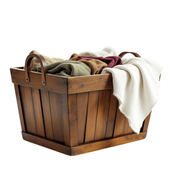 A wooden basket with clothes inside png