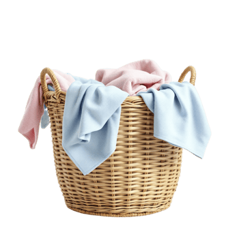 A basket with pink and blue towels in it png