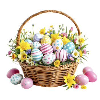 Easter eggs in a basket with flowers and daisies png