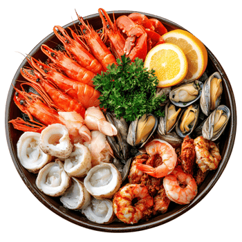 Fresh White Shrimp With Lemon And Orange Slices Beautifully Arranged On A Seafood Plate png