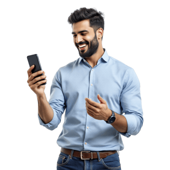 A man is holding a smartphone and smiling png