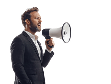Confident Businessman Announcing with Megaphone isolated on transparent background png