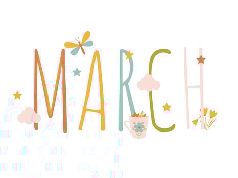 The inscription March in bright colors with flowers, butterfly and stars on a white background vector