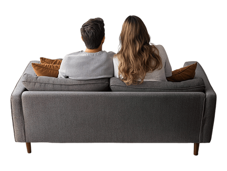 Couple sitting on couch, back view isolated on transparent background png
