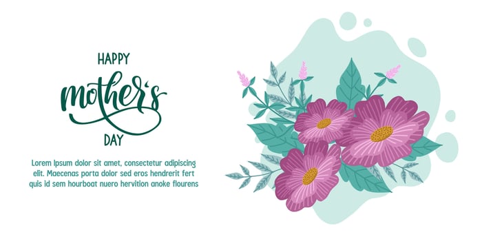 Mothers Day horizontal flyer with Bouquet of flowers and text. vector