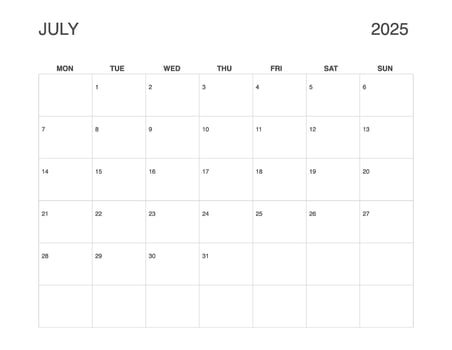 JULY 2025 Letter Size Monthly Calendar, Minimalist Printable Calendar, Dated JULY Planner vector