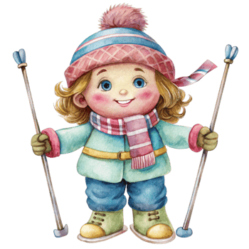 A watercolor illustration of a little girl wearing skis png