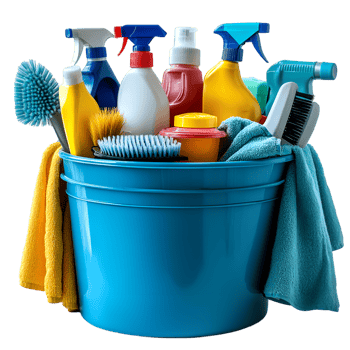 Cleaning supplies in a blue bucket cleaning tools towels cleaning products home cleaning png