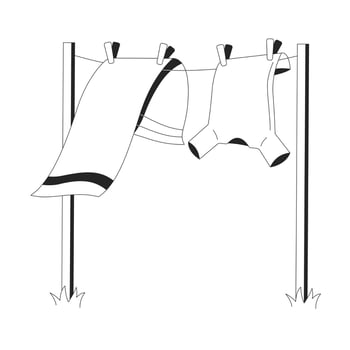 Freshly washed clothes hanging on clothesline 2D line object. Fresh laundry eco friendly. Washing day. Towel, tshirt drying rack isolated clipart ink outline item. Monochrome spot illustration vector