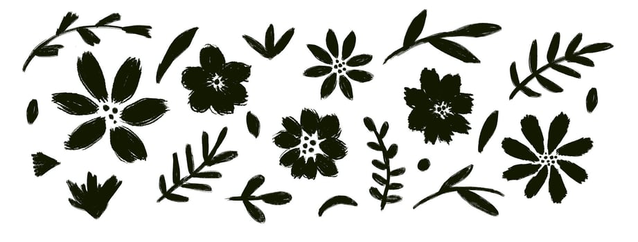 Ink hand drawn wild flowers set. Black brush plant silhouettes. Botanical floral elements. Doodle floral texture clipart vector