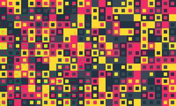 Abstract geometric pattern with vibrant squares in pink, yellow, and gray. Ideal for backgrounds, textiles, or modern design projects. vector