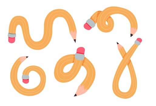 Twisted curved comic pencil doodle sketchy. Line hand drawn simple pencil. Funky flexible school supplies. Trendy writing tool vector