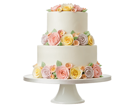 Three-tiered wedding cake with flowers on a transparent background png