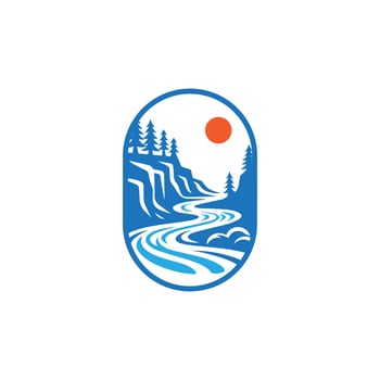 landscape river creek with pine confier evergreen logo design vector