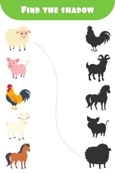 Kids educational game, farm animals shadow matching, preschool activity, learning game vector