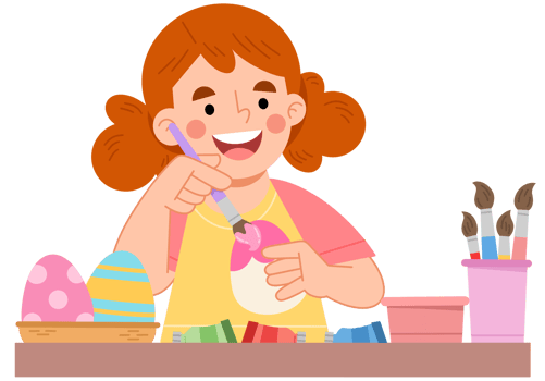 Illustration of Cute Girl Painting Easter Eggs at a Table png