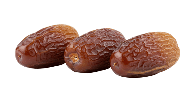 Three Rich dark brown dates with wrinkled skin isolated on transparent background for ramadan decor png