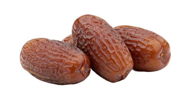 3 Deep amber dates with smooth surface ideal for ramadan fasting on transparent background png