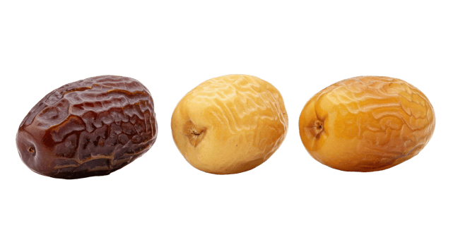 3 Vibrant tan dates with shiny finish perfect for ramadan treats on clear transparent png