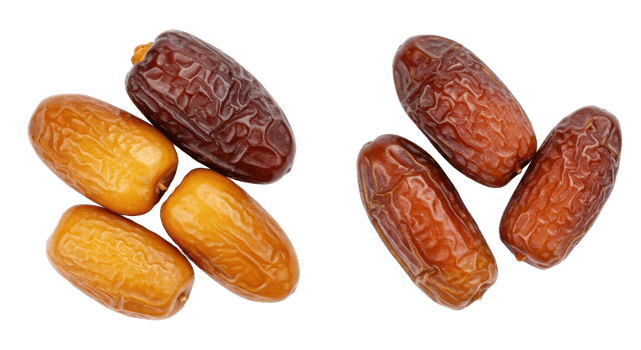 Scatter of golden dates with glossy finish ideal for ramadan fasting on clear backdrop png