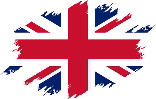 Damaged Great Britain flag. Flag Great Britain with grunge texture. Independence Day. Banner, poster template. National flag Great Britain with coat arms. State flag Great Britain is drawn in ink. UK. vector