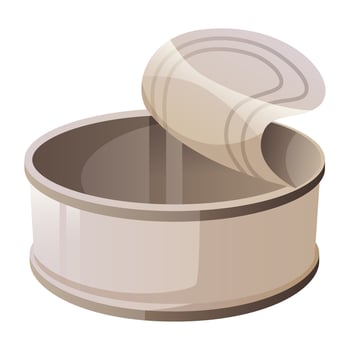 Open tin can, trash, empty metal can, used aluminum food container, cartoon style on white background. Recycling, nature pollution, garbage reuse concept. vector
