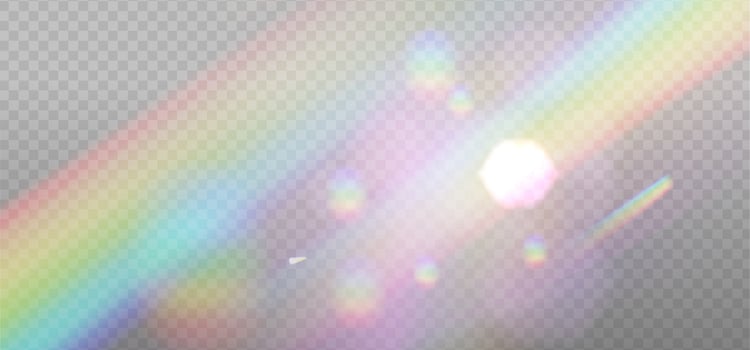 Rainbow light prism effect layer, transparent overlay background. Hologram reflection, crystal flare imposition. realistic illustration with mesh gradients. vector