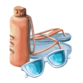 Mirror sunglasses, water bottle and flip flops. Isolated watercolor illustration of summer holiday attributes for beach goods design, t-shirt printing, postcards png