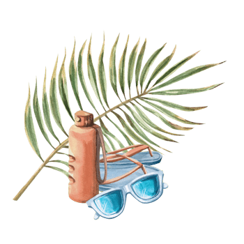 Mirror sunglasses, bottle of water, flip-flops and palm branch. Isolated watercolor illustration of summer vacation attributes for beach goods design, t-shirt printing, postcards. png