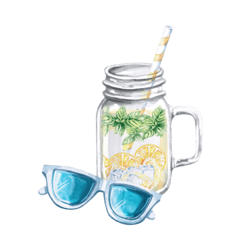 Sunglasses and a mug with lemonade. Isolated watercolor illustration of summer vacation attributes for beach goods design, t-shirt printing, postcards. png