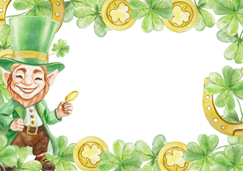 Frame of green clover leaves, gold coins, horseshoe and leprechaun. Hand drawn watercolor illustration. For St. Patricks Day cards, invitations, banners, posters. png