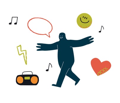 A joyful rounded character dances to the music. It is surrounded by hearts, clouds and bubbles. A symbol of happy activity. vector